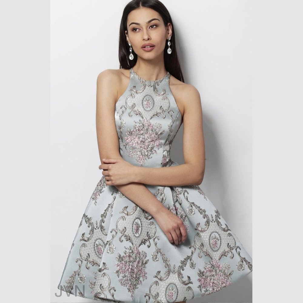Jovani JVN65513 Blue Halter Floral Mini Dress